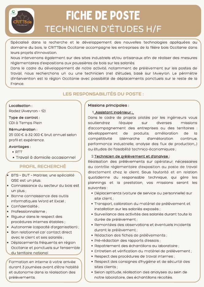 Nouvelle offre d’emploi – CRITT BOIS OCCITANIE